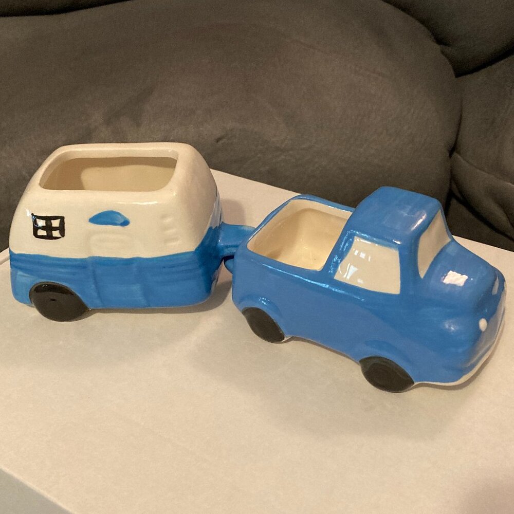 Succulents/Air Plants-Blue/White Pickup Truck & Trailer Planters (2)-New w/o Box